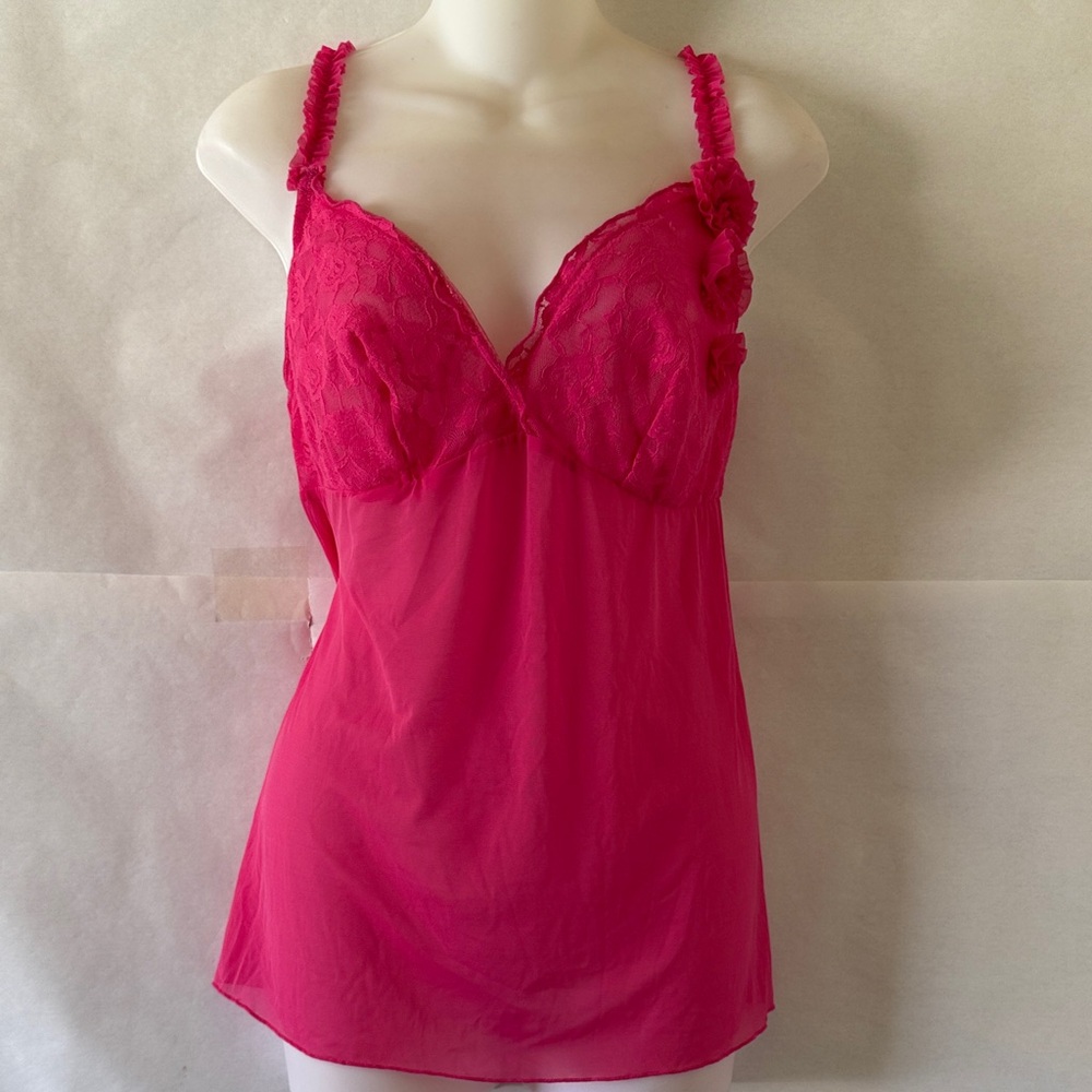 Cacique Hot Pink Sheer Babydoll Cami Size 18/20 Floral Strap Coquette Lingerie